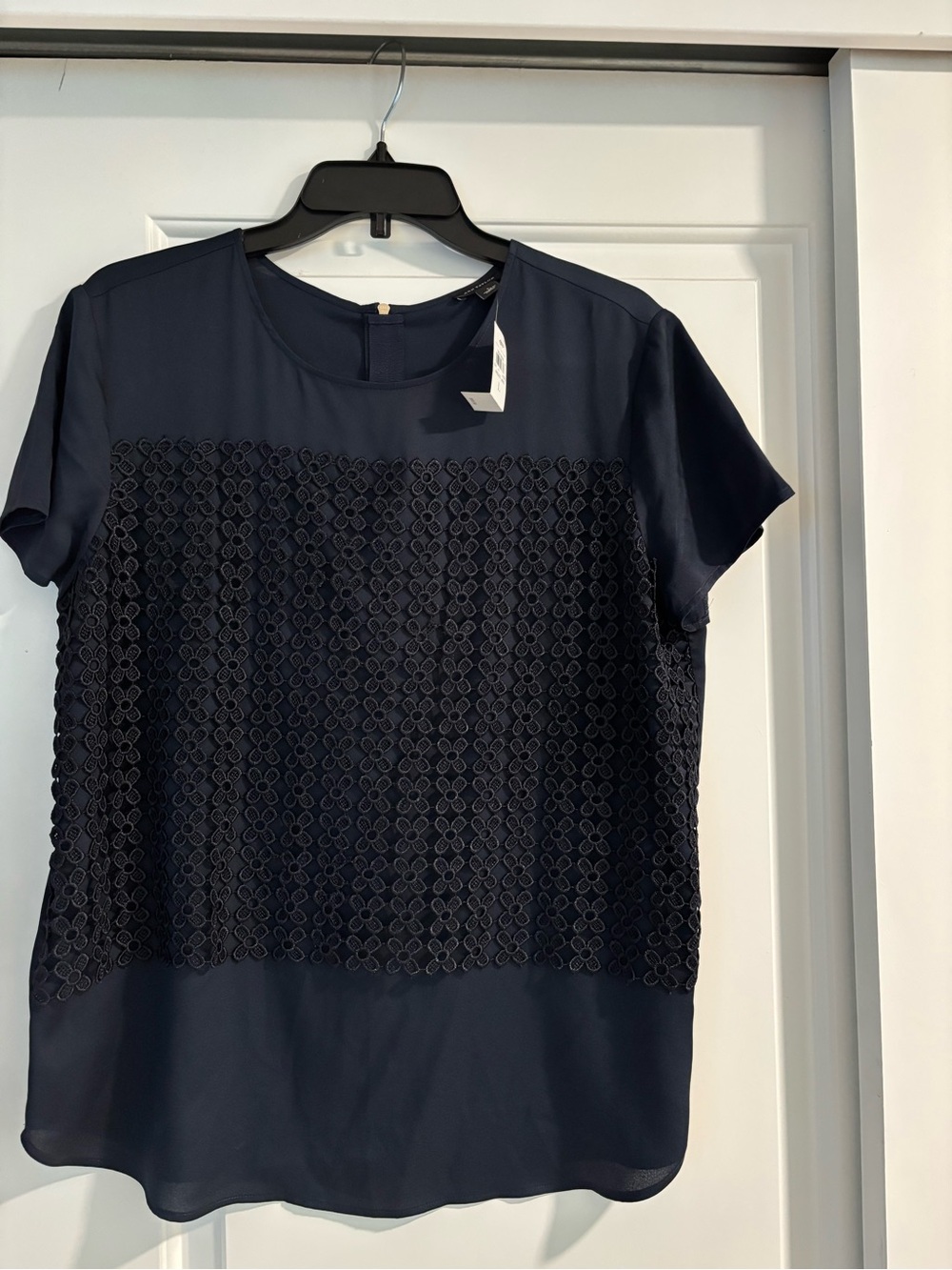 Ann Taylor Navy Lace-Front Short Sleeve Blouse